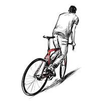 Zeichnung von ein Junge Schleudern das rot Fest Ausrüstung Fahrrad vektor