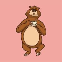 Cartoon-Tier-Design-Bär trägt eine Tasse Kaffee süßes Maskottchen-Logo vektor