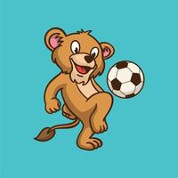 tecknad djurdesign barn lejon lejon spelar boll söt maskot logotyp vektor