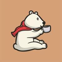 Cartoon-Tier-Design-Eisbär, der eine Tasse trinken süßes Maskottchen-Logo hält vektor