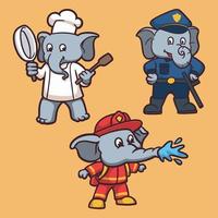 elefant arbetar en kock, polis och brandman djur logotyp maskot illustration pack vektor