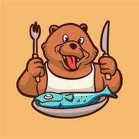 Cartoon-Tier-Design-Bär macht sich bereit, Fisch niedliches Maskottchen-Logo zu essen vektor