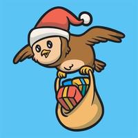 tecknad djurdesign ugglan bär en jultomtehatt och bär en presentpåse söt maskotlogotyp