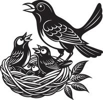 Vögel auf ein Ast im Nest Illustration schwarz und Weiß vektor