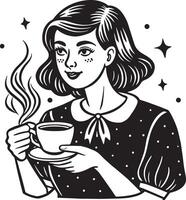 Mädchen mit Tasse von Kaffee Illustration schwarz und Weiß vektor