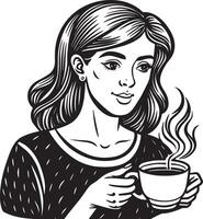 Mädchen mit Tasse von Kaffee Illustration schwarz und Weiß vektor