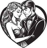 Hochzeit Paar mit Herz Silhouette schwarz und Weiß Illustration vektor