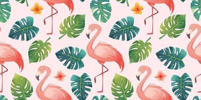 nahtlos tropisch Muster mit Monstera Blätter, Rosa Flamingo und Blumen. Sommer- Muster im Rosa und Grün Farben vektor