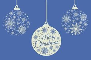 Frohe Weihnachten-Grußkarte mit Weihnachtskugel Kugeln Silhouette mit Schneeflocken und Schnee auf blauem Hintergrund. süßes Winterurlaub-Design-Element für Einladung, Banner