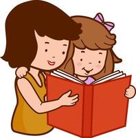 en mor läsning en bok till henne liten flicka. familj berättelse läsning tid med förälder och barn. mamma eller lärare läsa en bok med unge studerande. vektor