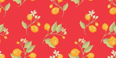 tropisch Gelb Zitronen auf Ast mit Blätter verstreut nach dem Zufallsprinzip auf ein nahtlos Muster. Hand Zeichnung Illustration. abstrakt künstlerisch Zitrusfrüchte Obst wiederholt Drucken auf ein rot Hintergrund. vektor