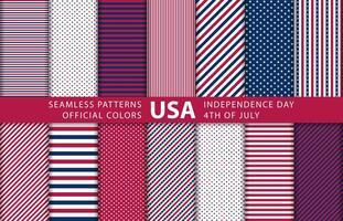 4 .. Juli Unabhängigkeit Tag, USA Flagge geometrisch nahtlos Muster. Weiß Sterne auf ein Blau Hintergrund, patriotisch rot mit Streifen amerikanisch Symbole. vektor