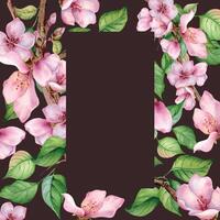 vattenfärg ram med rosa blomning gren isolerat på mörk. design mall av blommig ram med rosa vit blommor hand ritade. element för bröllop inbjudan, kort, förpackning, märka produkt. vektor