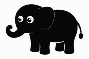 söt svart elefant tecknad serie med stor öron och bred ögon. bebis djur, förtjusande illustration, barns konst, lekfull design begrepp. svart silhuett isolerat på vit bakgrund vektor