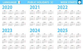 Kalender im Italienisch Sprache zum Jahr 2020, 2021, 2022, 2023, 2024, 2025. Woche beginnt von Montag. vektor
