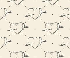 nahtlos Muster mit Herz und Pfeil im Jahrgang Stil Gravur auf ein Beige Hintergrund zum Valentinstag Tag. Hand gezeichnet. Illustration. vektor
