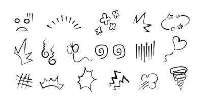 Anime Comic Emoticon Element Grafik Auswirkungen Hand gezeichnet Gekritzel Illustration Satz. vektor