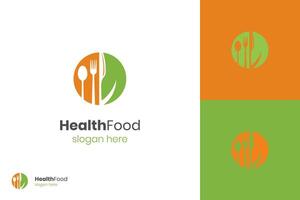 gesund Essen Logo Vorlage. organisch Essen Logo Design. Gabel, Löffel und Blätter Grafik gestalten vektor