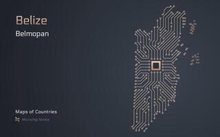 belize Karta med en huvudstad av belmopan visad i en mikrochip mönster med processor. e-förvaltning. värld länder Kartor. mikrochip serier vektor