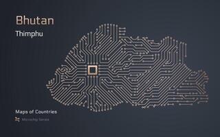 Bhutan Karte mit ein Hauptstadt von Thimphu gezeigt im ein Mikrochip Muster mit Prozessor. E-Government. Welt Länder Karten. Mikrochip Serie vektor