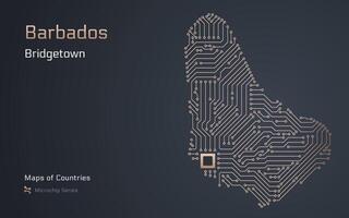 Barbados Karte mit ein Hauptstadt von Bridgetown gezeigt im ein Mikrochip Muster mit Prozessor. E-Government. Welt Länder Karten. Mikrochip Serie vektor