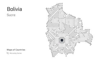 Bolivien Karte mit ein Hauptstadt von Erfolg gezeigt im ein Mikrochip Muster mit Prozessor. E-Government. Welt Länder Karten. Mikrochip Serie vektor