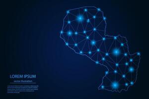 abstrakt bild paraguay Karta - med blå glöd prickar och rader på mörk lutning bakgrund, 3d maska polygon nätverk förbindelse. vektor