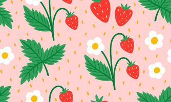 nahtlos Muster mit Erdbeere. rot Erdbeeren mit Blätter und Blumen Hintergrund. saftig Sommer- Beeren. eben Illustration vektor