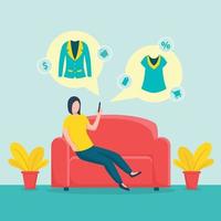 kvinna mobil shopping sitter på soffan soffa med mode e-handel ikon med platt stil vektor