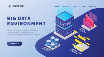 stordatamiljö med databas och informationsstrukturserver för webbplatsmall eller landningshemsida vektor