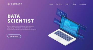 Data Scientist-Konzept mit Laptop und einigen Grafiken und Diagrammen zur Analyse für Website-Vorlage oder Landing-Homepage vektor
