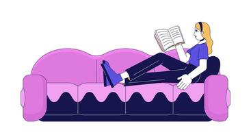 entspannt europäisch Frau Schilf Buch auf Sofa 2d linear Karikatur Charakter. kaukasisch weiblich genießen Entspannung isoliert Linie Person Weiß Hintergrund. siehe da fi Lebensstil Farbe eben Stelle Illustration vektor