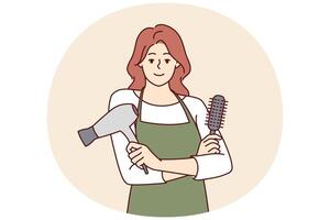 kvinna frisör från frisör innehav hårkam och hår torktumlare till vård för klient frisyr vektor