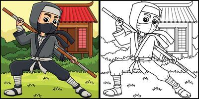 Ninja halten ein Mitarbeiter Färbung Seite Illustration vektor