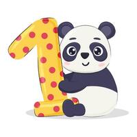 süß Karikatur Panda Bär mit ein Nummer eins. Element zum 1 Geburtstag Einladung, Postkarte, Poster, drucken. vektor