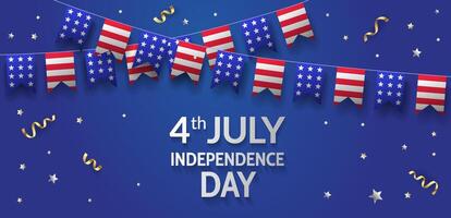 oberoende dag i USA baner design med amerikan flaggor dekoration och konfetti på blå bakgrund. 4:e juli vektor