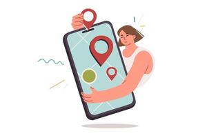 Digital Karte im Handy, Mobiltelefon Telefon im Hände von Frau mit online Navigator zu leicht navigieren Stadt vektor