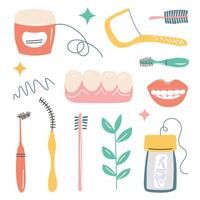 Illustration einstellen von Dental Pflege Produkte zum Reinigung interdental Räume. Dental Zahnseide, interdental Bürsten, Zahnstocher, und Zahn Symbole. Gekritzel Stil, eben Karikatur Bilder zum Zähne Hygiene vektor