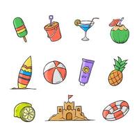 Hand gezeichnet Sommer- Symbol Objekt Illustration. Kokosnuss, Ananas, Sand Schloss, und Sommer- Symbol Satz. vektor