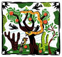 wild Natur. Schlange und Vögel auf Baum. Brasilianer Schnur Nordost- Holzschnitt Illustration vektor