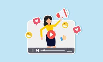 marknadsföring livestreams, influencer annonser, och digital kampanjer till främja märken, begrepp av självsäker kvinna användningar megafon på media spelare vektor
