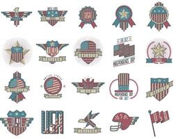 förenad stater av Amerika logotyper årgång uppsättning. oberoende dag nationell Semester ikoner samling blå och röd färger USA blåsigt flaggor. retro stil text vektor