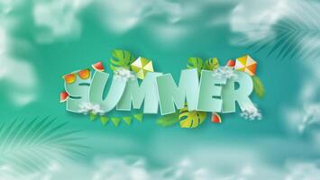 3d Sommer- Text Banner Design mit bunt tropisch Strand Elemente auf Grün Muster Hintergrund zum Sommer. vektor