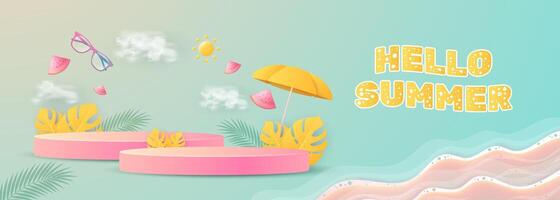 Hallo Sommer- Poster Banner Anzeige Podium mit Sommer- Strand Szene Design Hintergrund vektor