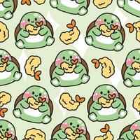 sömlös mönster av söt sköldpadda håll tempura är japansk mat pastell bakgrund.reptil djur- karaktär tecknad serie design.bild för kort, baby produkt, tryck skärm clothing.kawaii.illustration. vektor