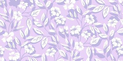 abstrakt einfach violett Geäst mit Formen wild Blumen, Blätter nahtlos Muster. Pastell- lila Silhouetten Blumen- Stängel Drucken. Hand Zeichnung. Natur Ornament zum Textil, Stoff, Hintergrund vektor