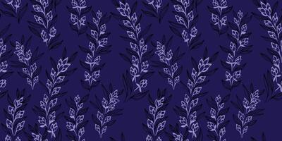 abstrakt, künstlerisch Geäst mit winzig Blumen, Knospen und klein Blätter verflochten im ein nahtlos Muster. dunkel Blau Drucken mit kreativ einzigartig wild Blumen- Stiele. Hand Zeichnung skizzieren vektor
