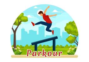 Parkour Sport Illustration mit jung Männer Springen Über Wände und Barrieren im Stadt Straße und Gebäude im ein eben Stil Karikatur Hintergrund vektor