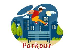 parkour sporter illustration terar ung män Hoppar över väggar och hinder i stad gata och byggnad i en platt stil tecknad serie bakgrund vektor