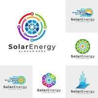 uppsättning tech sol logo vektor mall, kreativa solpanel energi logotyp designkoncept